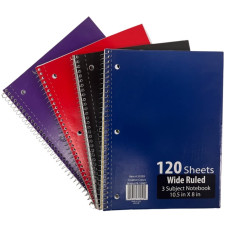 3 Subject Wide Ruled Spiral Notebooks - 4 Colors