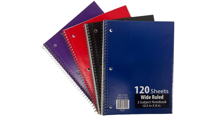3 Subject Wide Ruled Spiral Notebooks - 4 Colors