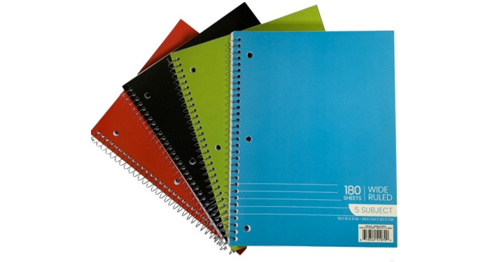 5 Subject Wide Ruled Spiral Notebooks - 4 Colors