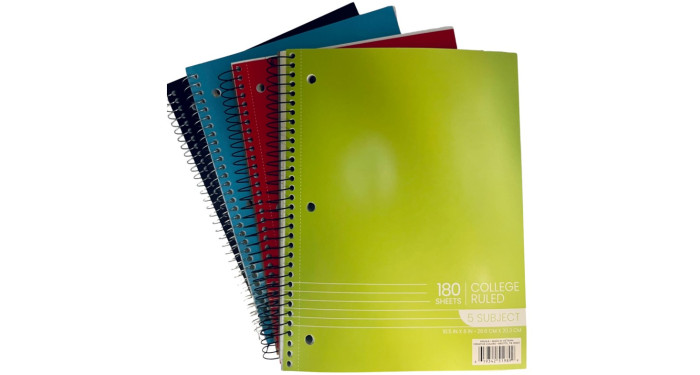 5 Subject College Ruled Spiral Notebooks - 4 Colors