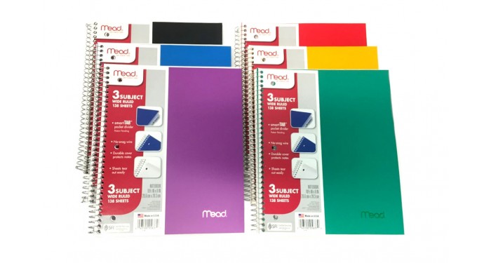 3 Subject Wide Ruled Spiral Notebook - 138 Sheets - 6 Colors