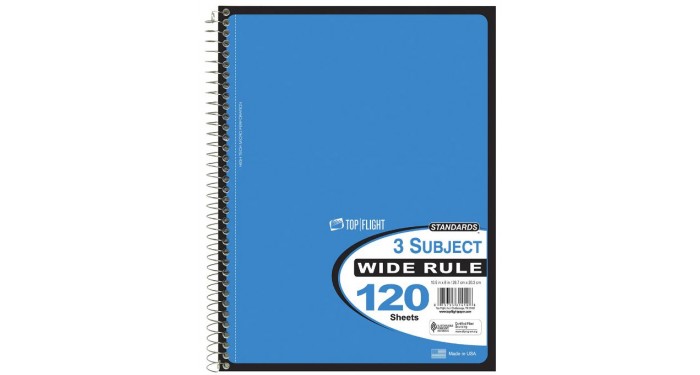 120 Sheet 3 Subject College Ruled Spiral Notebook - 5 Colors
