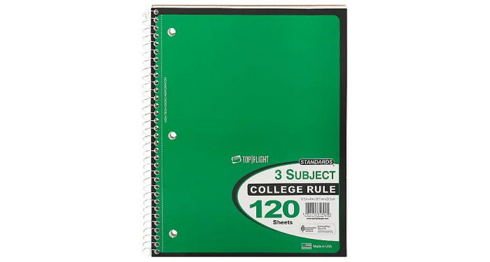 120 Sheet 3 Subject College Ruled Spiral Notebook - 5 Colors