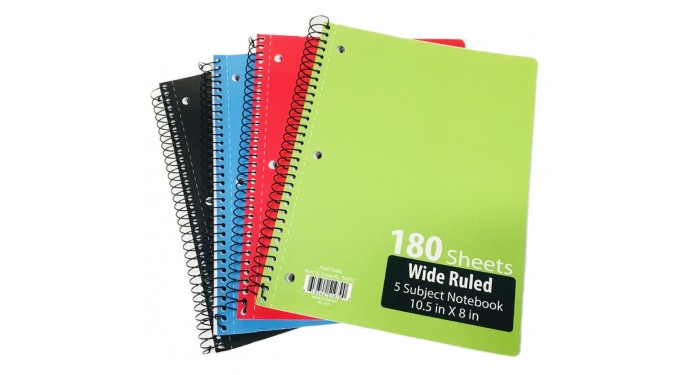5 Subject Wide Ruled Spiral Notebooks - 4 Colors