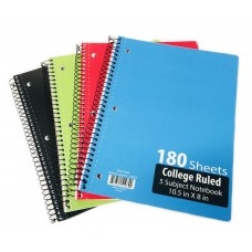5 Subject College Ruled Spiral Notebooks - 4 Colors